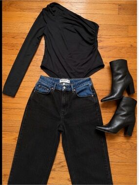 Zara One Shoulder Bodysuit Black Long Sleeve Ruched Top Size S
